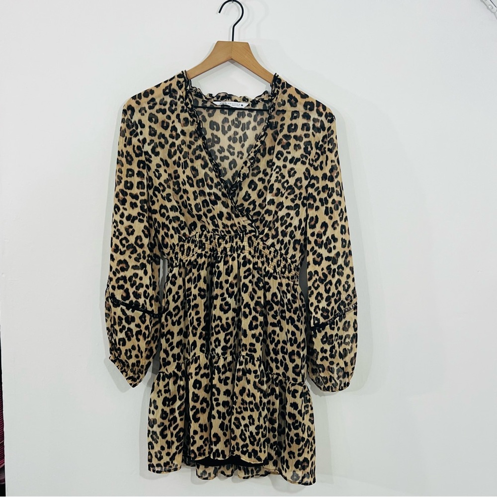 Zara Leopard Print Mini Dress Sheer Long Sleeve Lined Animal Print Mob Wife Y2K